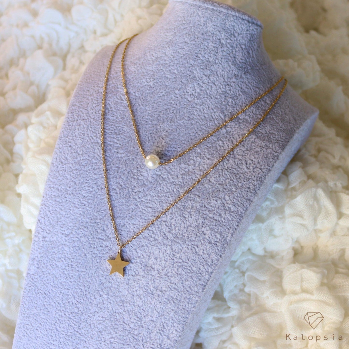 Double Layer Necklace Pearl & Star - Kalopsia Accessories